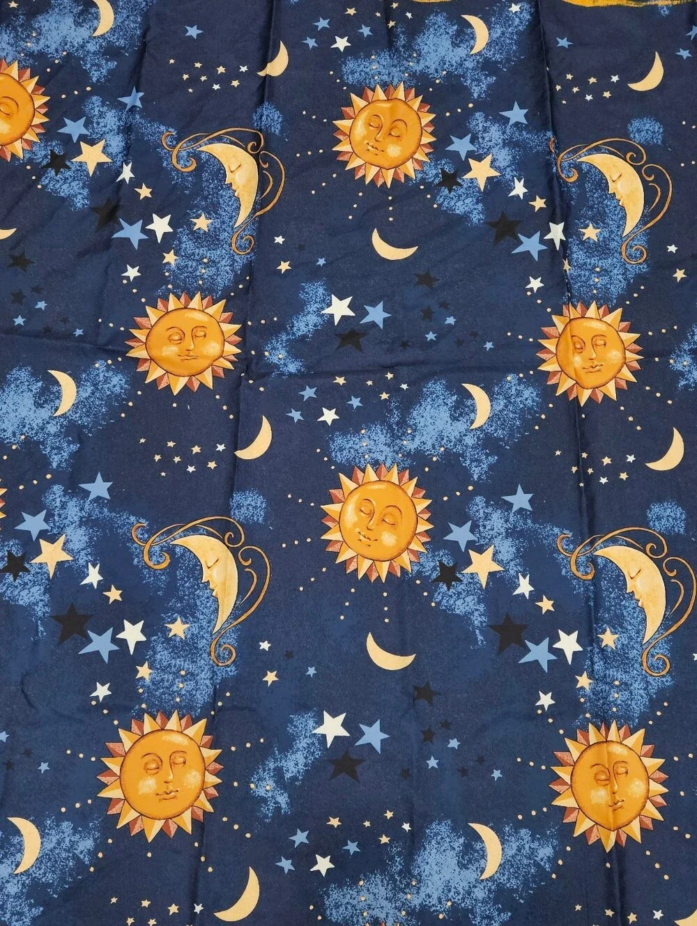 VTG 90s Celestial Sun Moon & Stars Shower Curtain Midnight Blue Gold Boho Taiwan